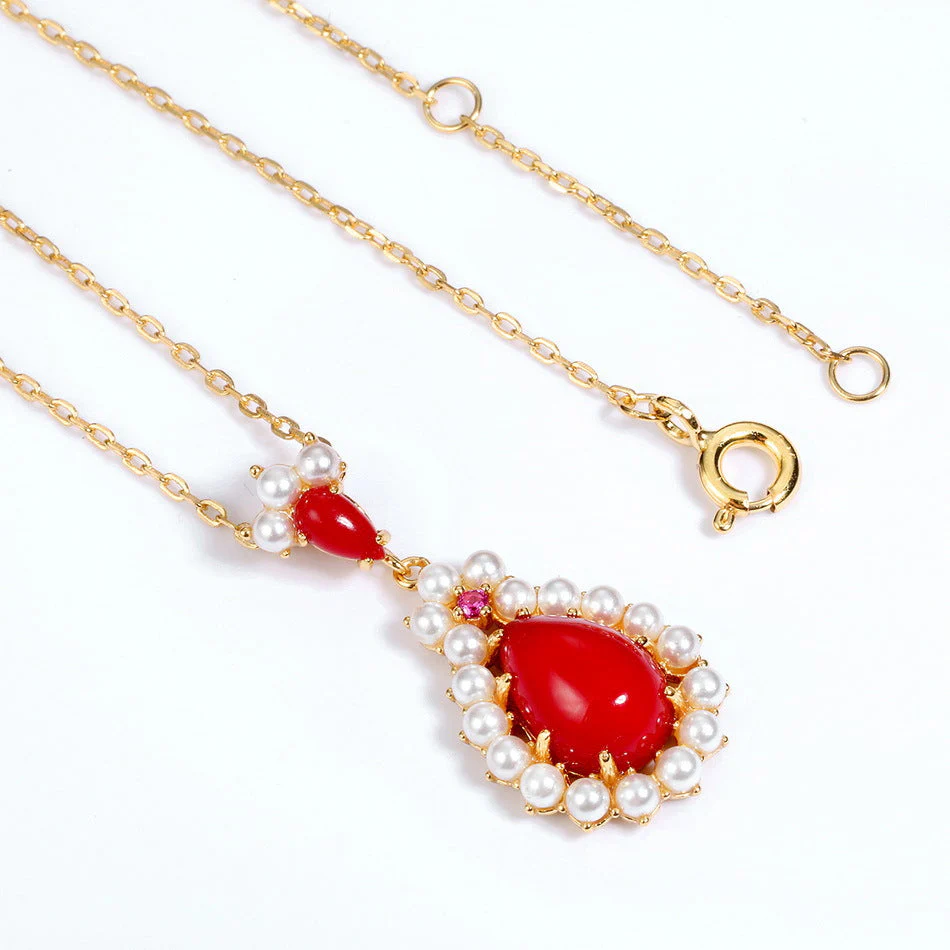 Pearl Teardrop Red Coral Pendant