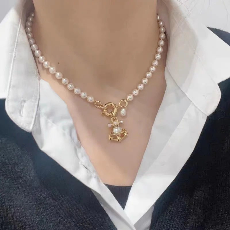 VIVI Anchor Saturn Pendant Pearl Necklace | Best Replica Jewelry™