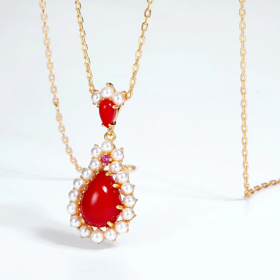 Pearl Teardrop Red Coral Pendant