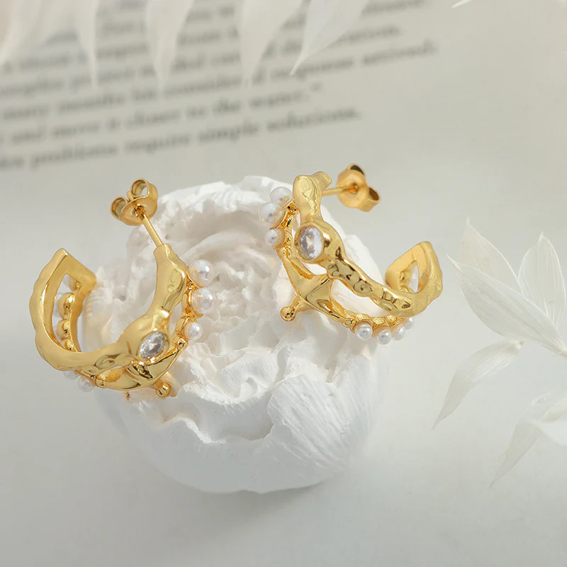 Elegant C Shape Diamond and Pearl Earrings