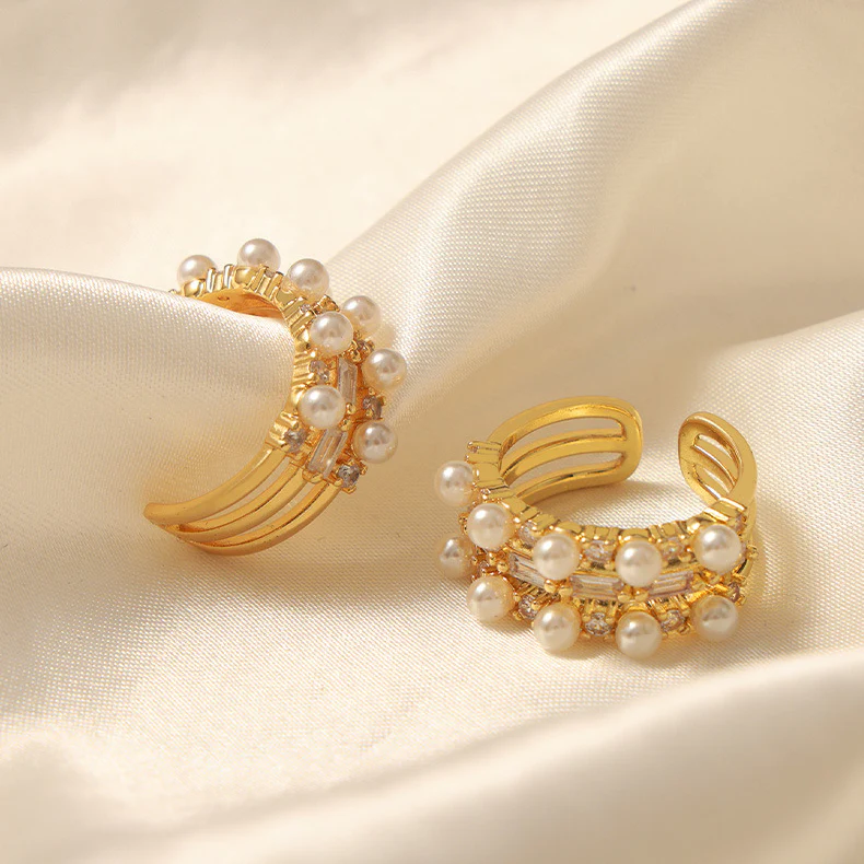 Dainty Diamond Two Row Pearl Ring