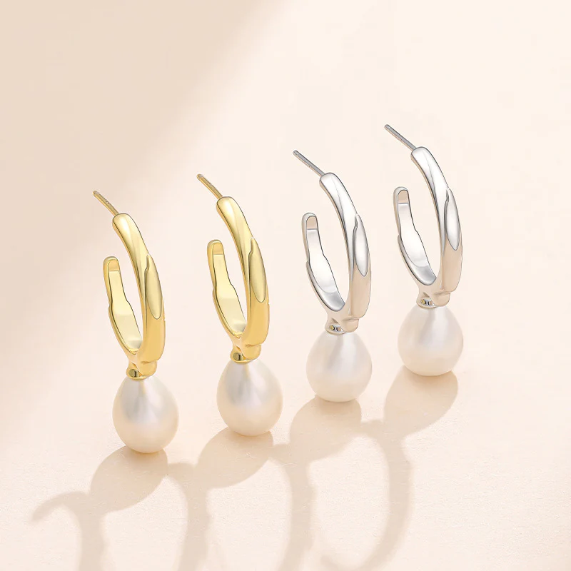 C Hoop Teardrop Pearl Earrings