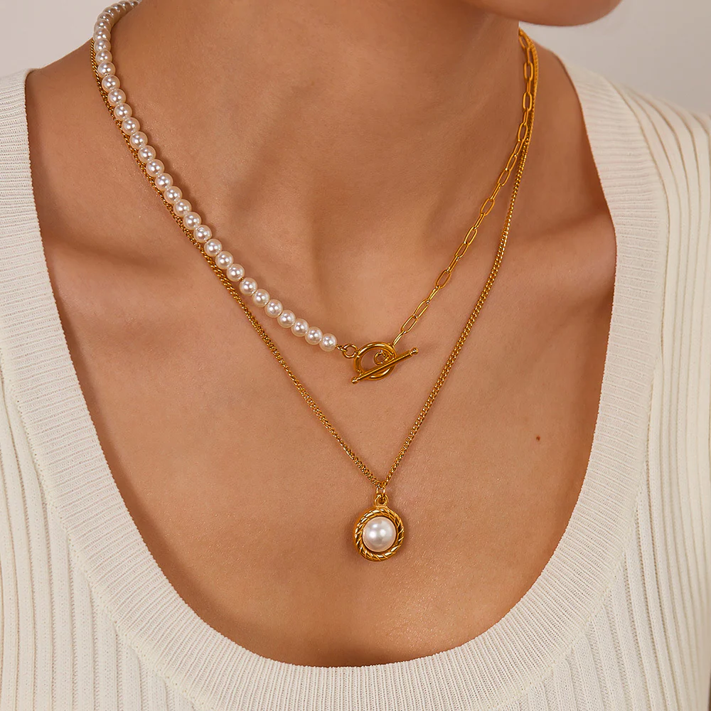 Pearl and OT Clasp Pendant Two Layers Stacked Necklace