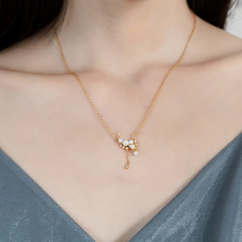 Pearl Pendant Moon and Star Necklace