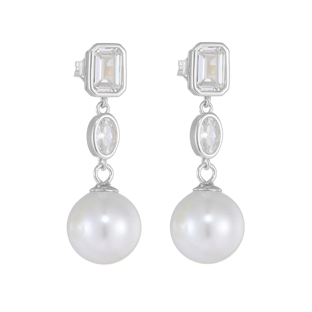 Elegant Cube Zircon 10mm Pearl Dangle Earrings