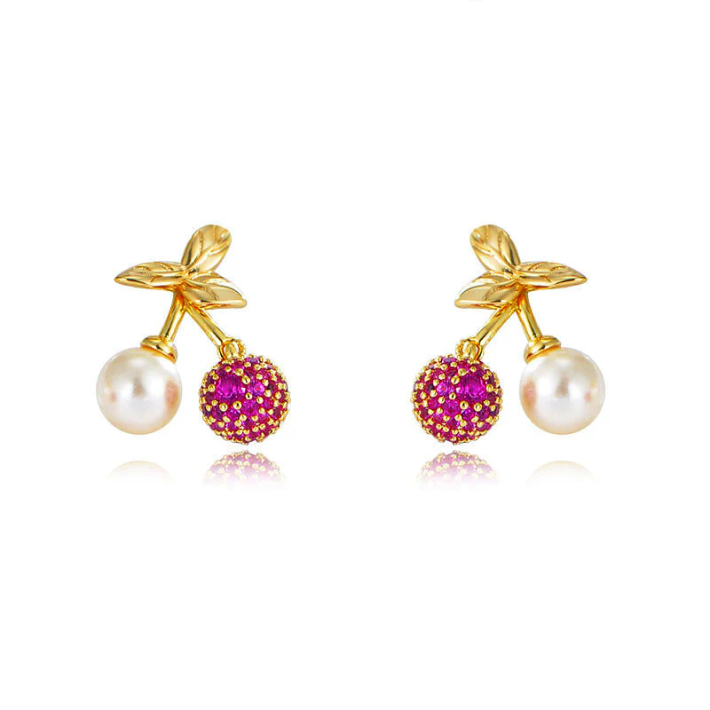 Zircon Cherry Earrings Pearl Studs