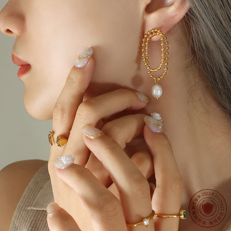 Double Gold Beads Chain Freshwater Pearl Drop Earrings