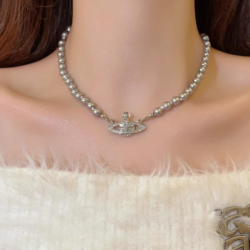 VIVI Saturn Pendant Grey Pearl Necklace | Best Replica Jewelry™