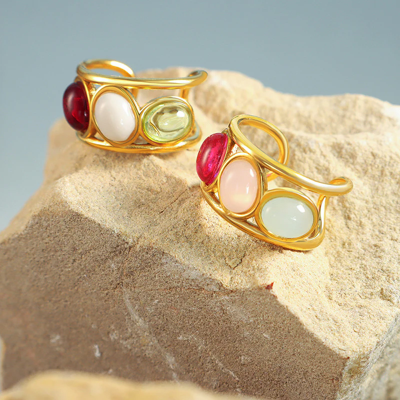 Colorful Pink Green Red Beads Gold Enhancer Ring