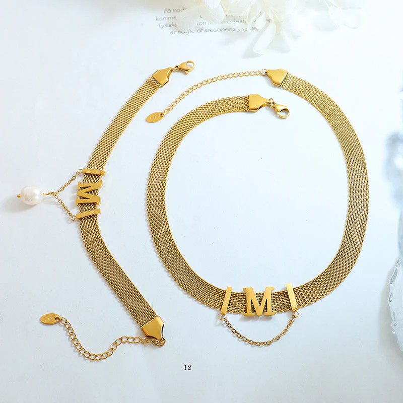 Letter M Pearl Pendant Wide Flat Necklace and Bracelet Set