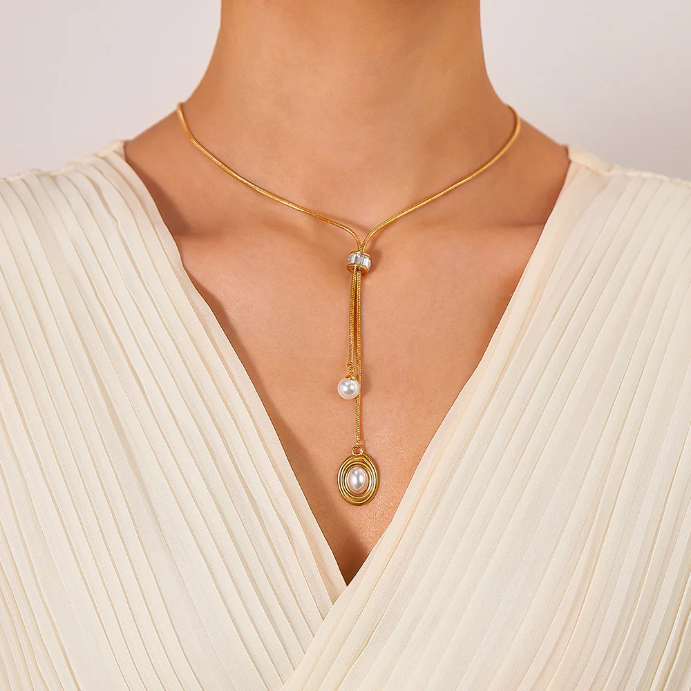 2 Strip Pearl Drop Pendant  Y Necklace