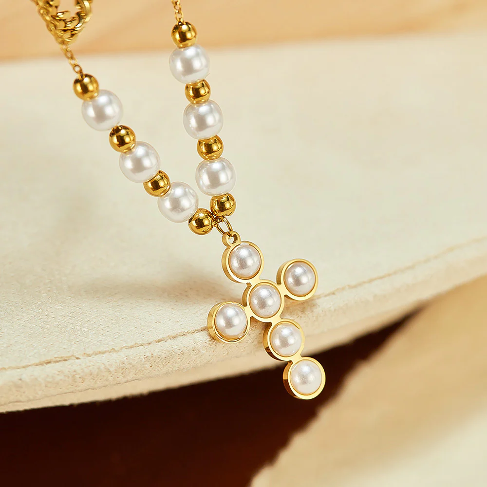 Two Layer Stacked Pearl Cross Pendant Necklace