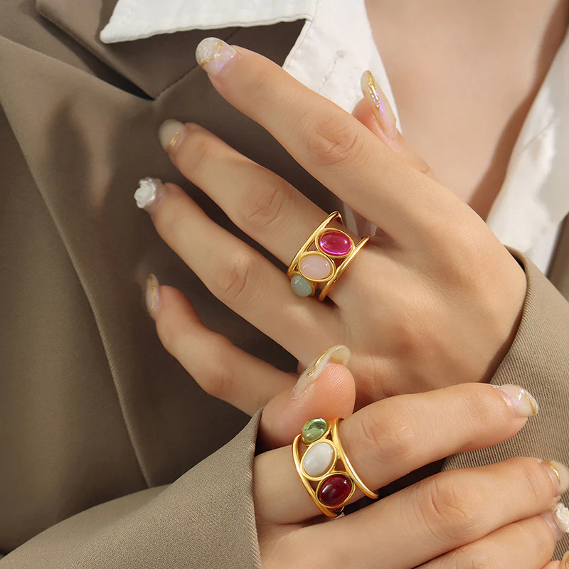 Colorful Pink Green Red Beads Gold Enhancer Ring