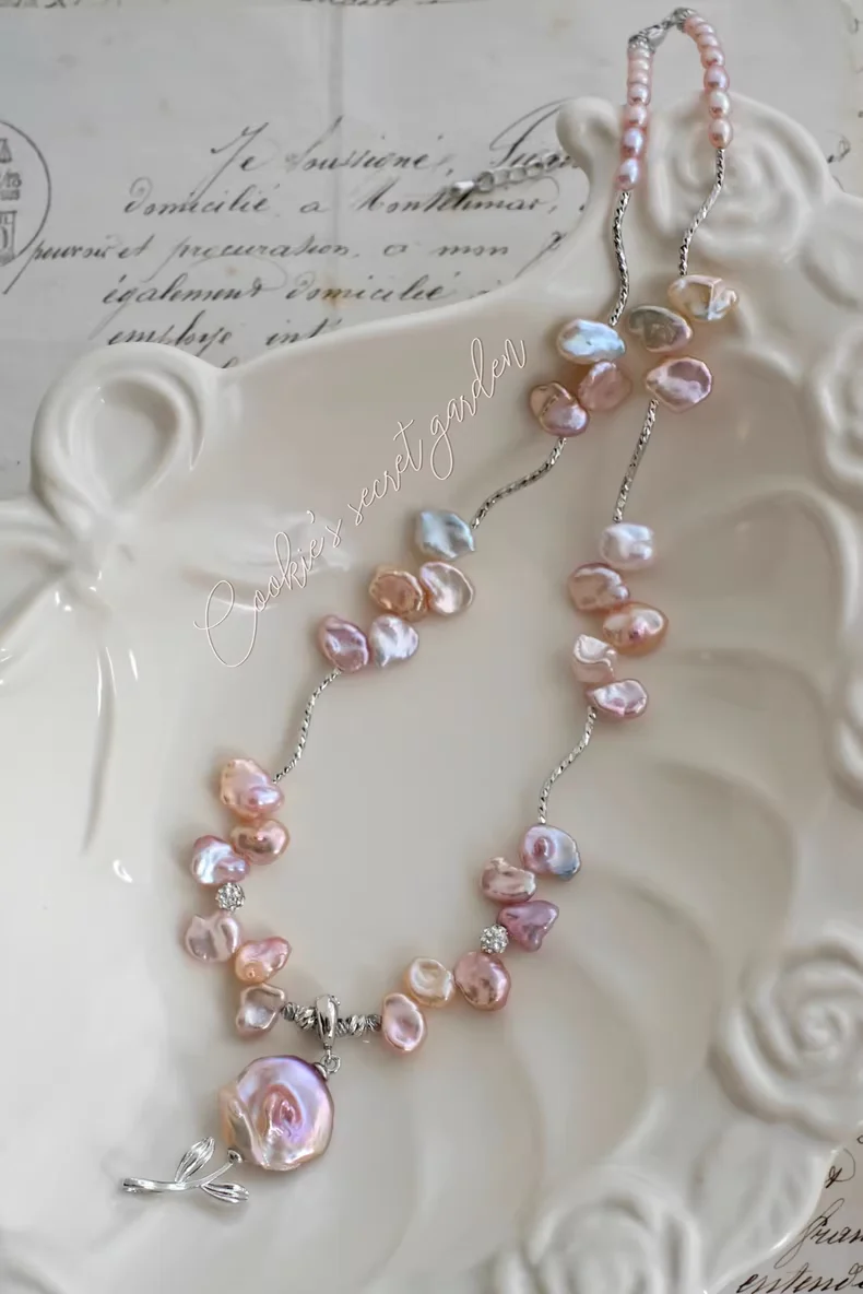 【Monet Garden Collection】Handmade Baroque Pearl Rose Pendant Necklace