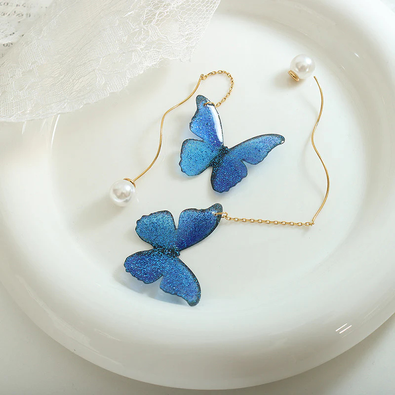 Pearl Drop Linear Blue Butterfly Earrings