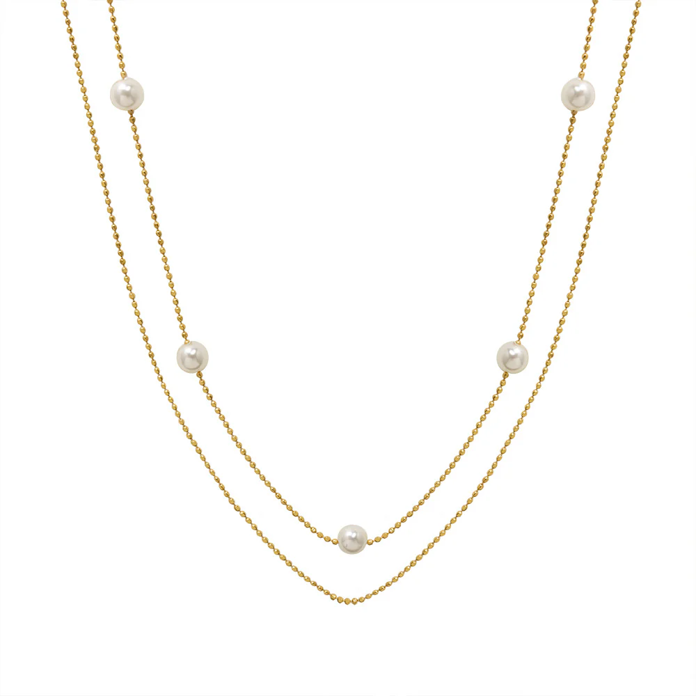 Two Layered Chain Stacked Floating Pearl Necklace