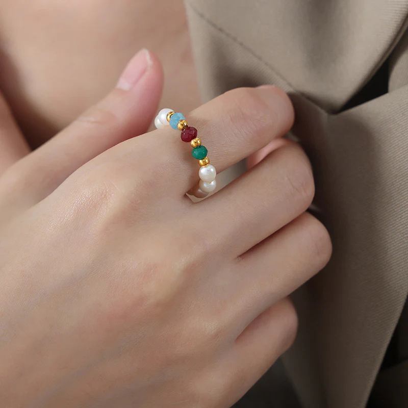 Elastic Natural Agate and Pearl Ring