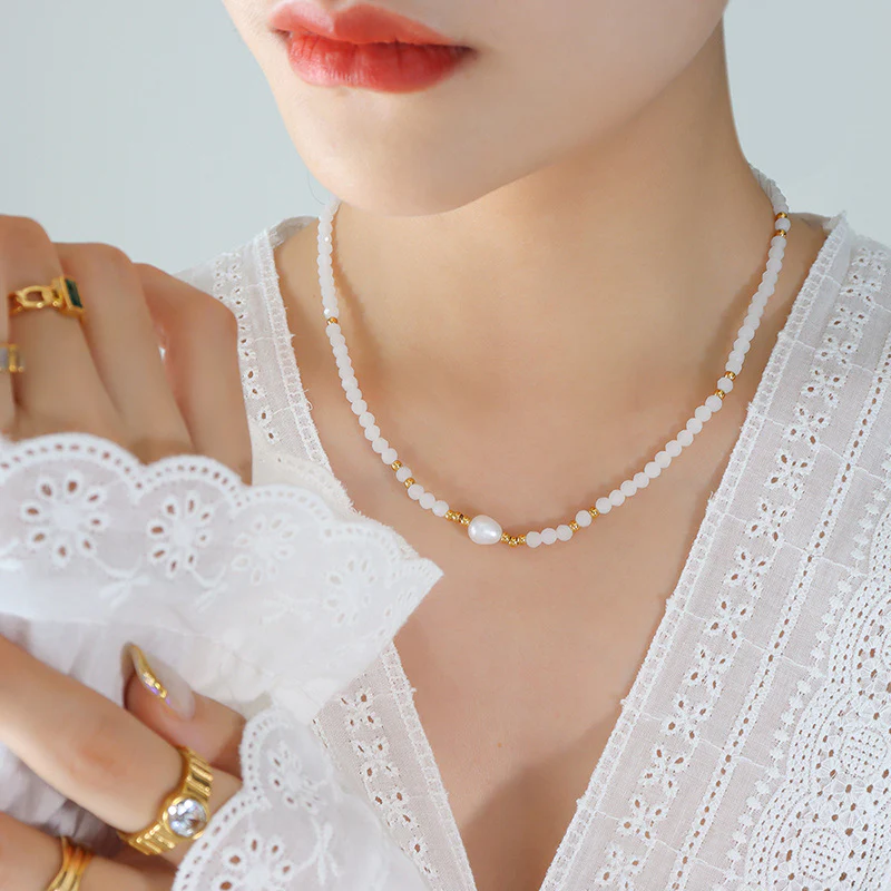White Glass Beads and Freshwater Pearl Beaded Necklace
