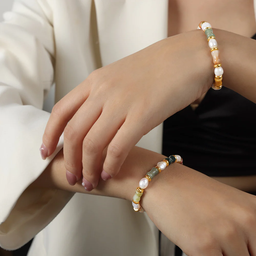 Natural Color Stone and Baroque Pearl Bracelet