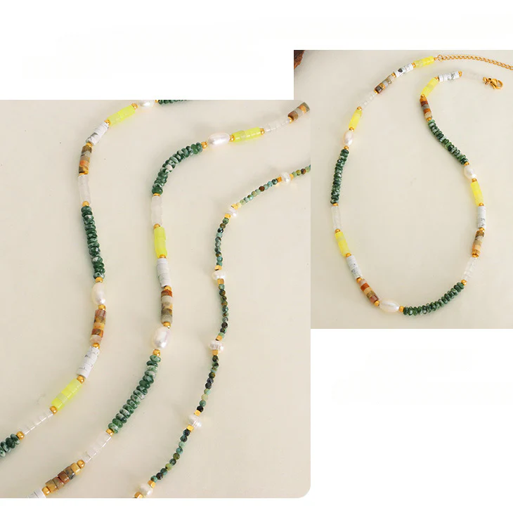 Natural Turquoise Agate White Fossil Pearl Beaded Necklaces