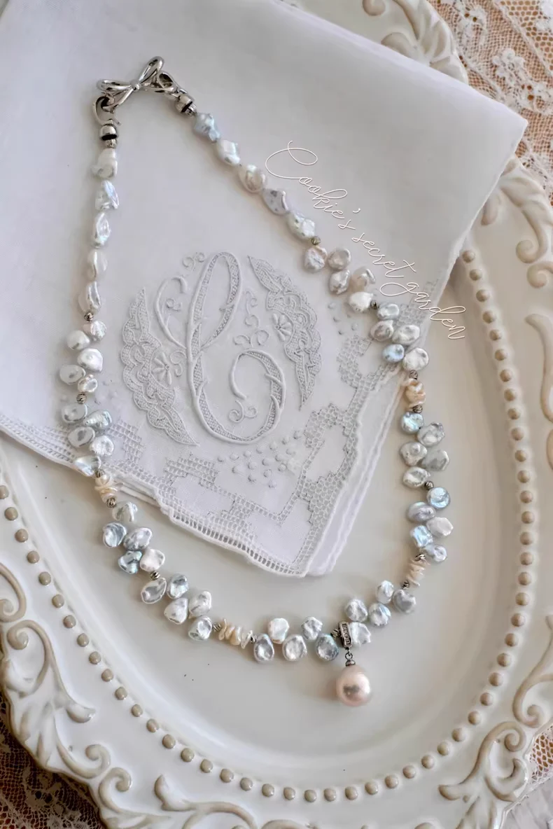 【Monet Garden Collection】 Handmade Mermaid Blue Baroque Pearl Necklace