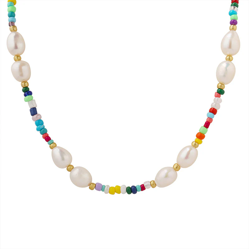 Freshwater Pearl and Rainbow Glass Beaded Necklace