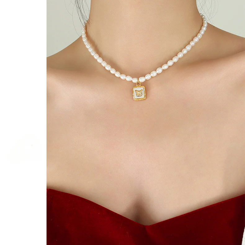 Embossed Butterfly Inlay Mother of Pearl Pendant Necklace