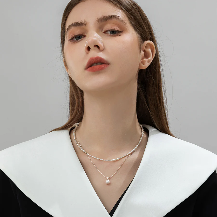 Two Layers Stacked Silver Freshwater Pearl Necklace