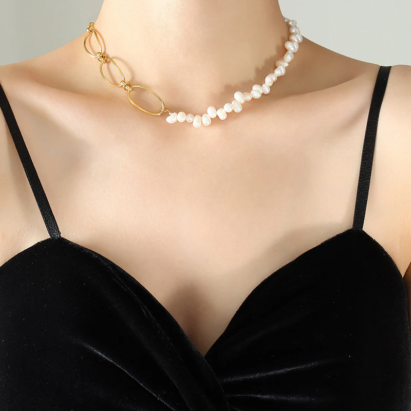 Personality Half Pearl Half Chain Necklace