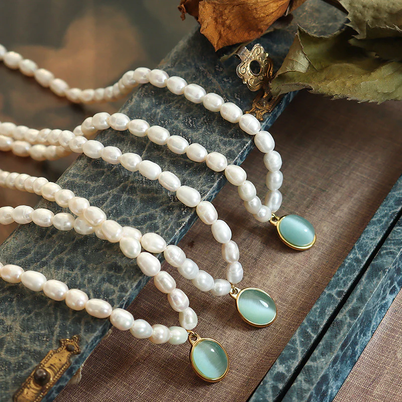 Lake Green Opal Pendant Pearl Necklace