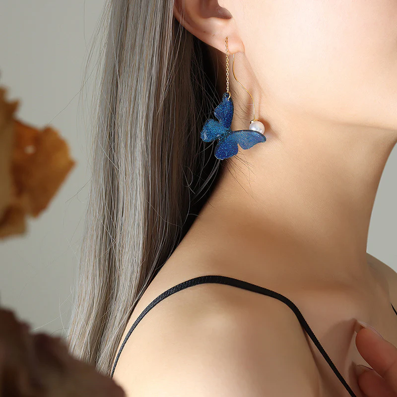 Pearl Drop Linear Blue Butterfly Earrings