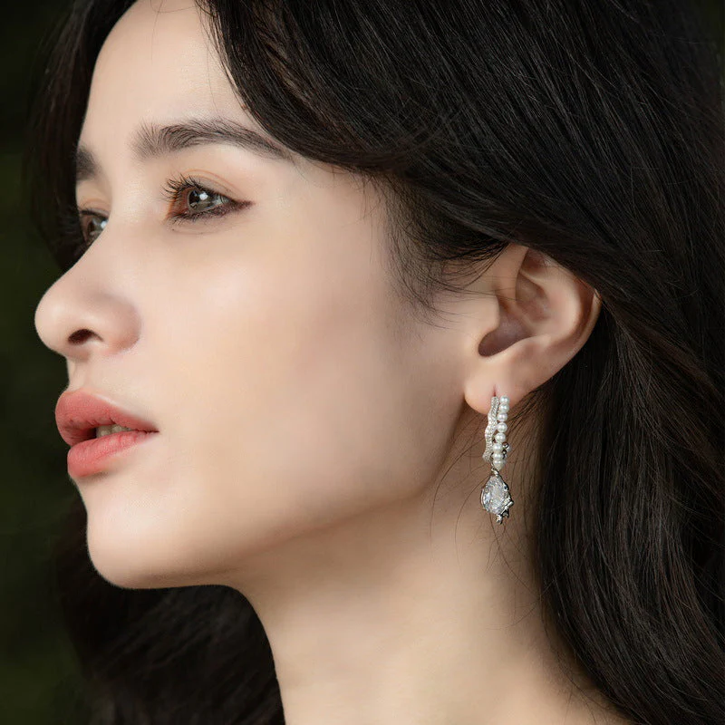 Silver Pearl Earrings With Diamonds