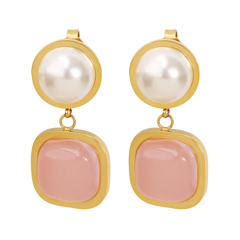 Square Pink Jade Pearl Earrings