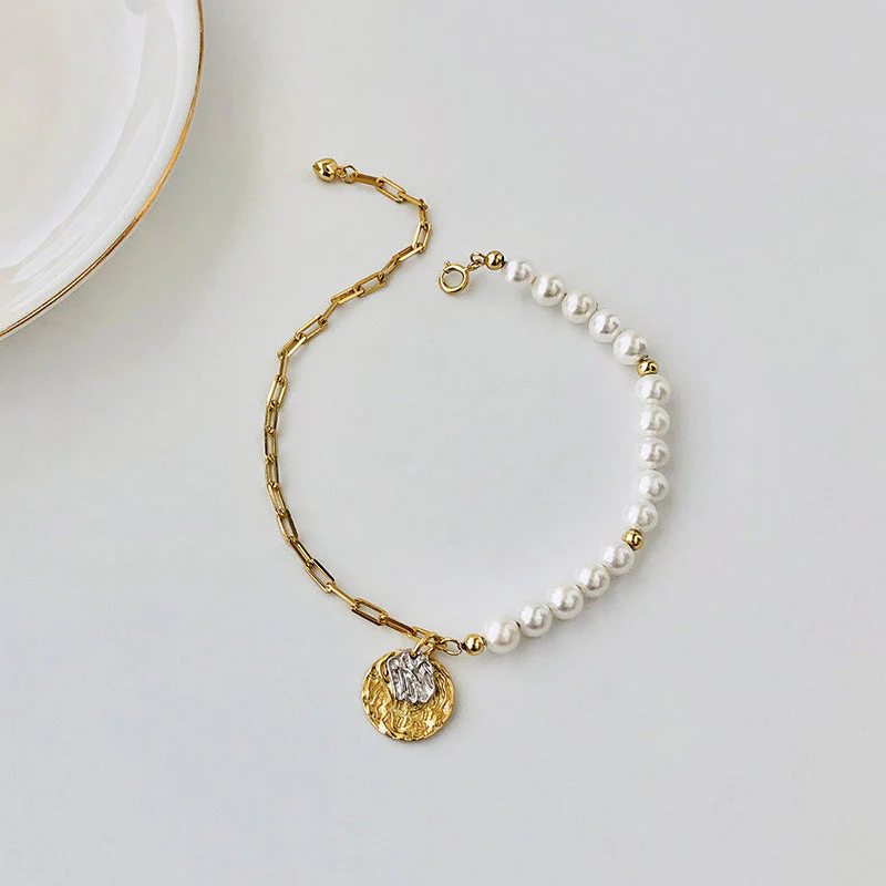Portrait Coin Half Chain Half Pearl Bracelet