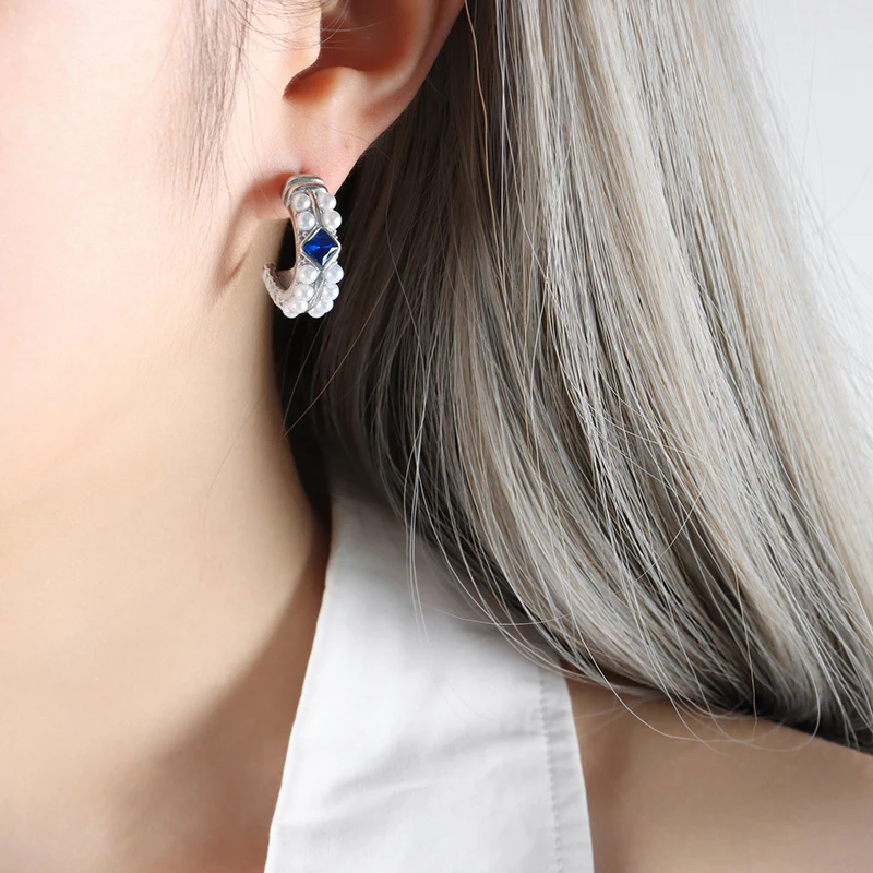 C Shape Pearl Blue Sapphire Earrings