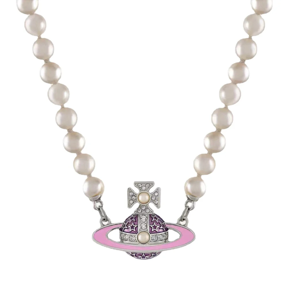 VIVI Pink Flat Saturn Pendant Pearl Necklace | Best Replica Jewelry™