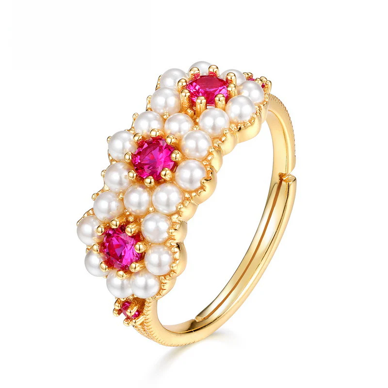 Red Corundum Flower Pearl Ring