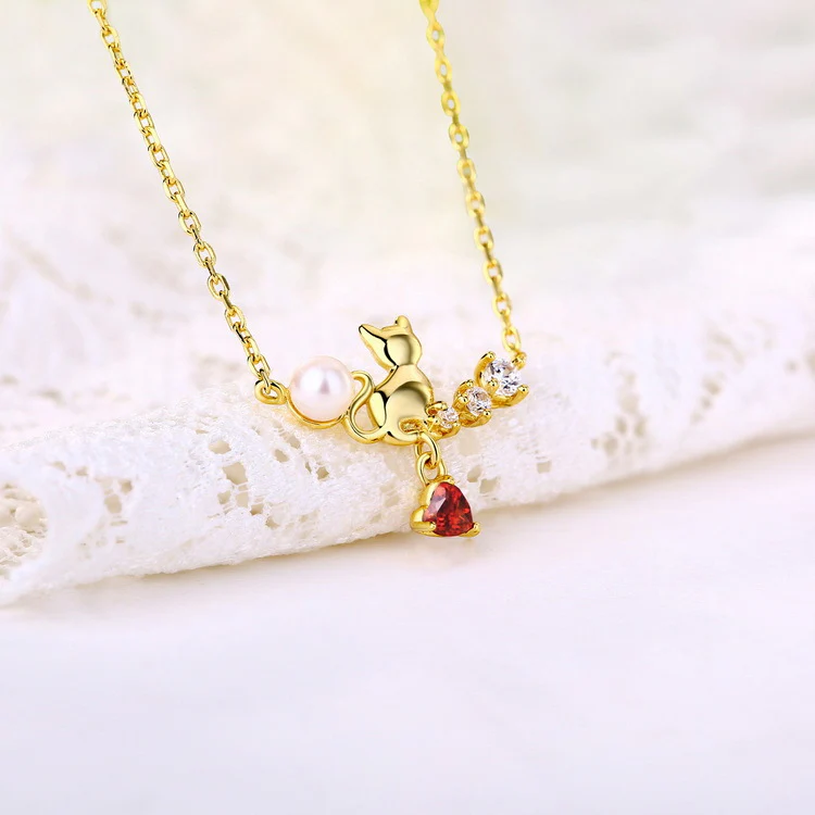 Heart Garnet and Cat Pendant Necklace