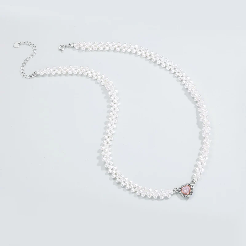Princess Pink Crystal Love Heart Pendant Pearl Necklace