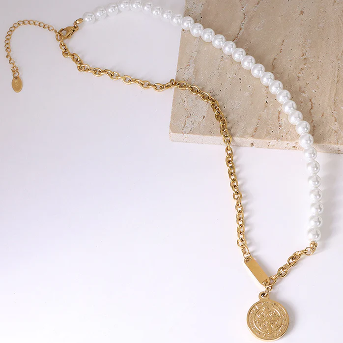 Double Sided Coin Pendant Half Pearl Half Chain Necklace