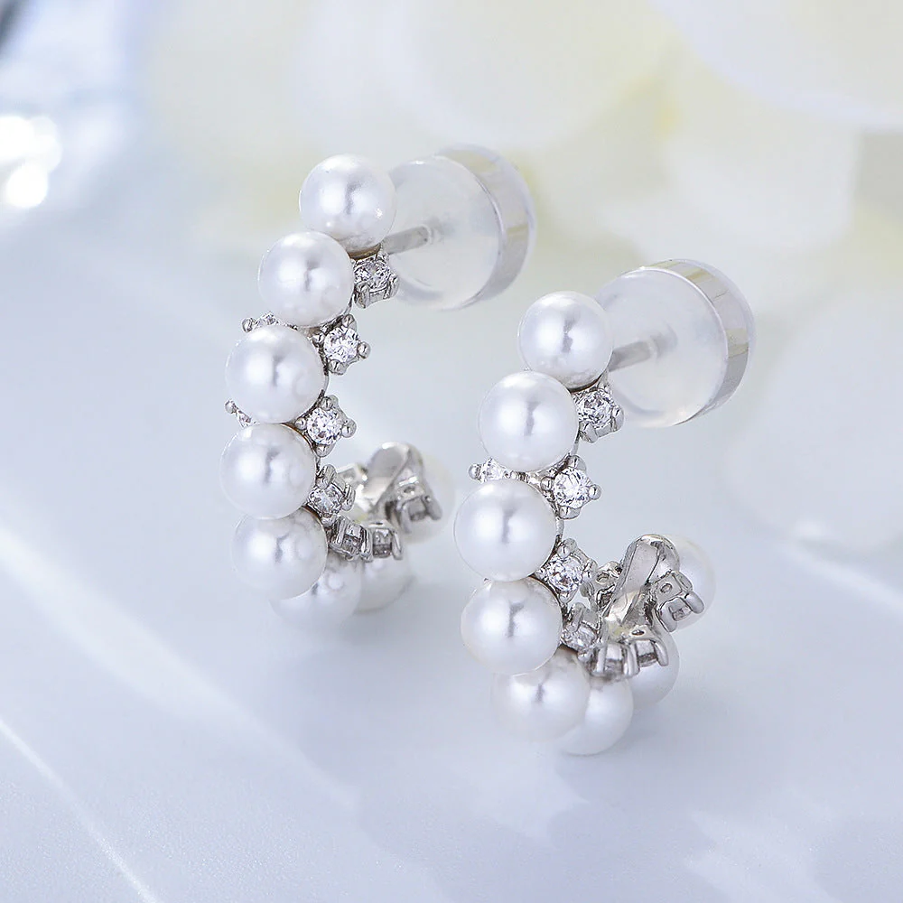 Pearl Half Hoop Earrings With Diamond