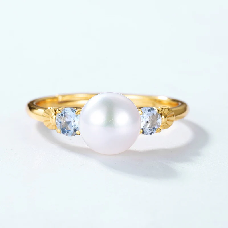 7mm Pearl and Blue Crystal Ring