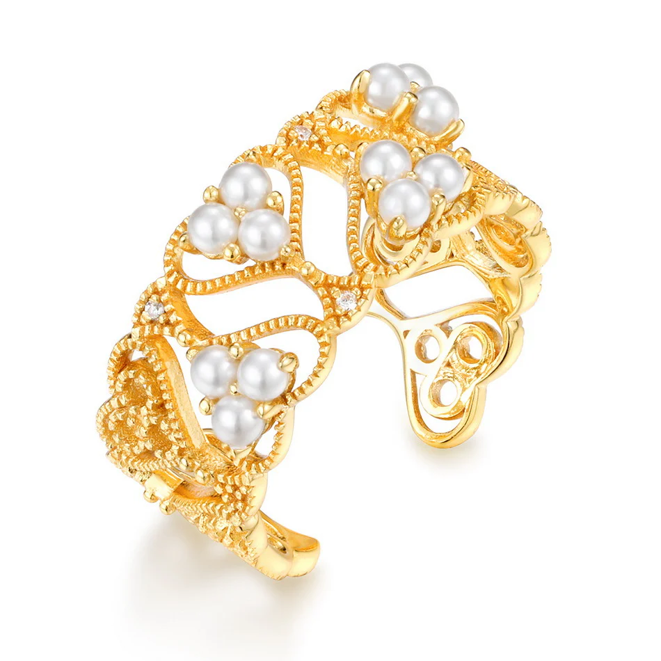 Hollow Lace Heart Pearl Ring