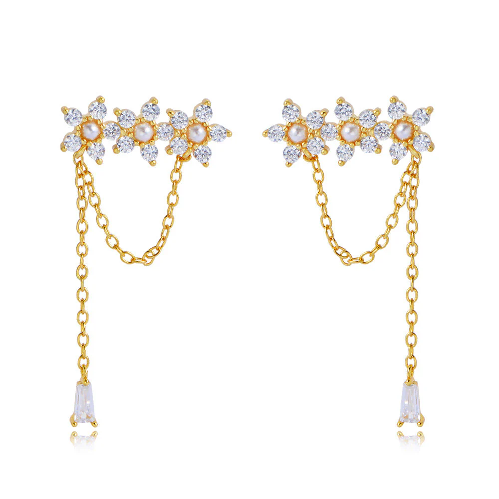 Pearl Earrings Flower Zircon Tassel