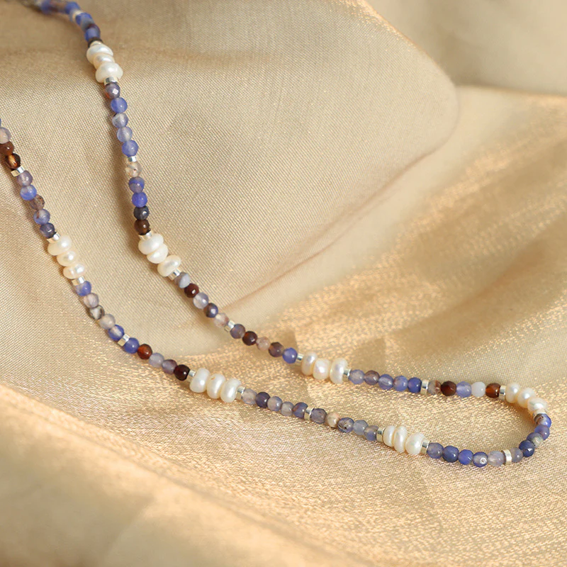 Blue Purple Natural Agate Freshwater Pearl Beaded Necklace