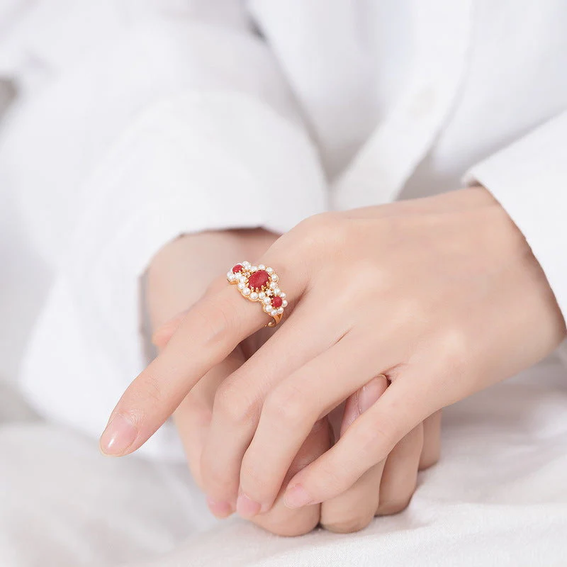 Red Onyx And Pearl Ring