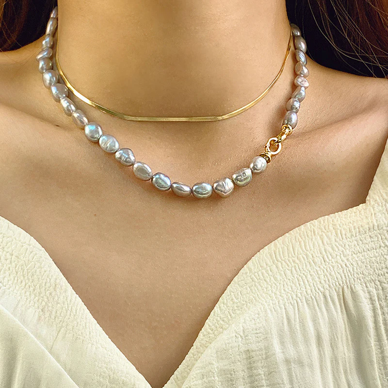 Elegant Natural Grey Baroque Pearl Necklace