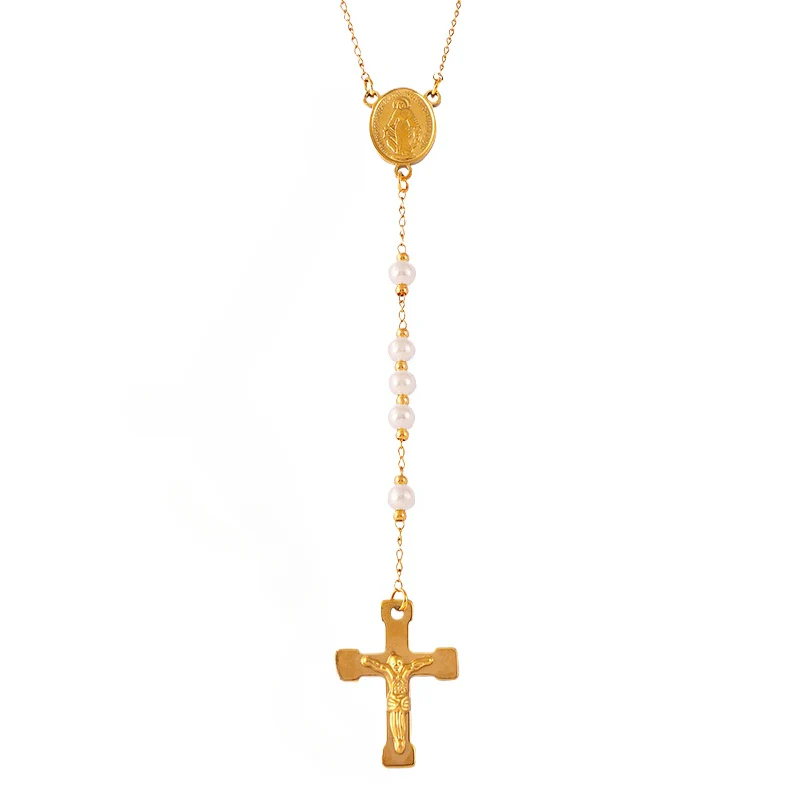 Jesus Cross Pendant Long Pearl Necklace