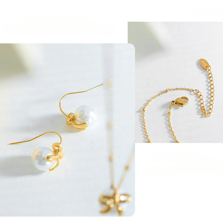 Bowknot Pearl Necklace and Earring Set