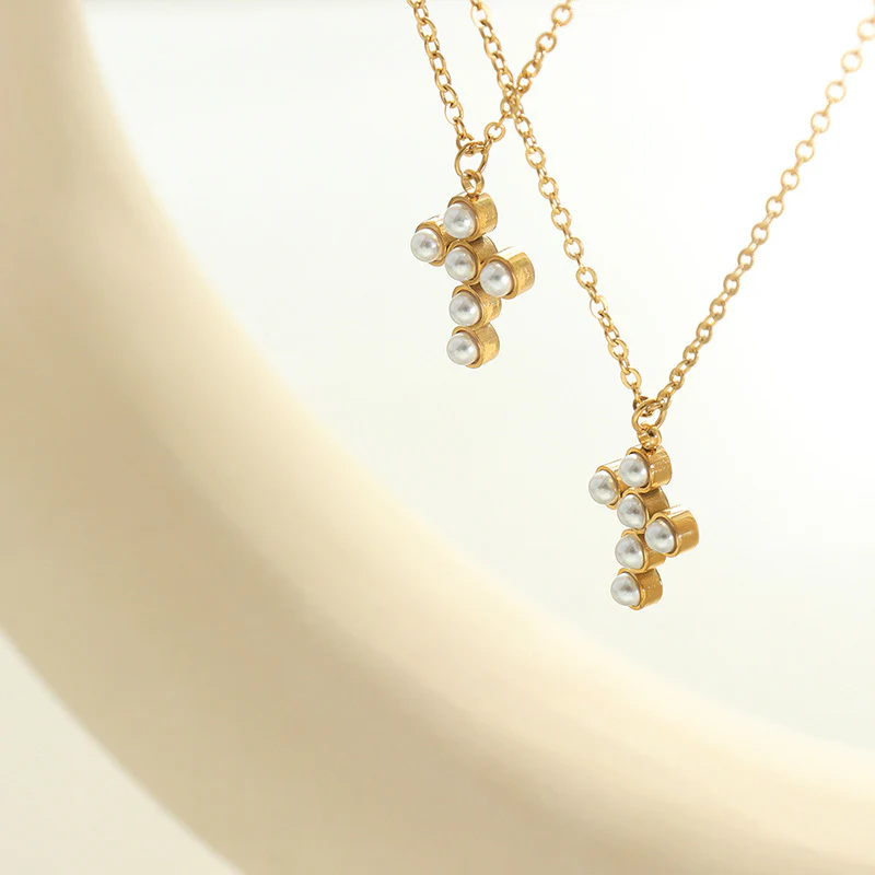 Gold Enhancer Pearl Cross Pendant Necklace